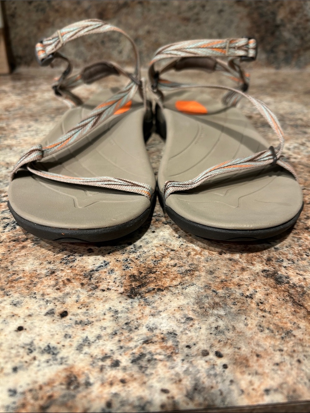 TEVA Women’s 8 Zirra Outdoor Slim Strappy Sandals in Tan w/Orange, brown Accents - Picture 2 of 10